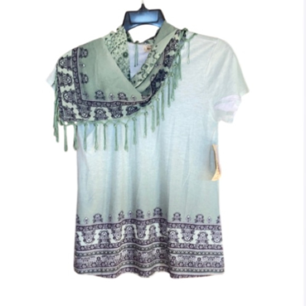 One World ombre sage top w boho print & matching scarf w fringe S - Picture 13 of 13